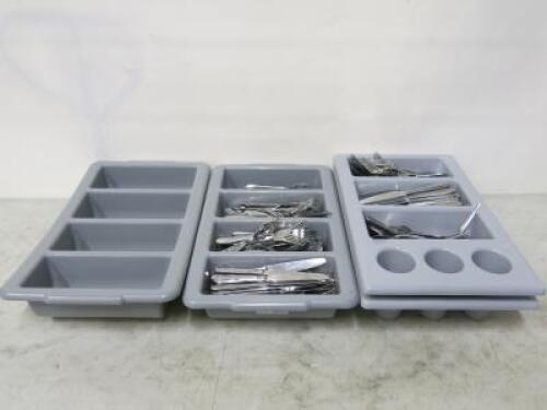 Large Quantity of Stainless Steel Cutlery with 4 Cutlery Trays to Include, Knives, Forks, & Spoons.