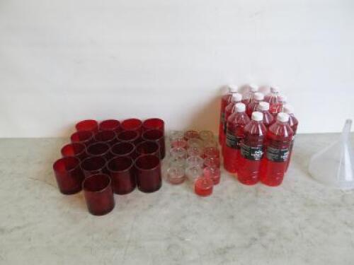 11 x Clearcraft 1000ml Lamp Oil, 16 x Glass Lamps (Some require wicks), 17 x Red Glass Jars & 1 x Funnel.