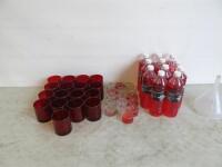 11 x Clearcraft 1000ml Lamp Oil, 16 x Glass Lamps (Some require wicks), 17 x Red Glass Jars & 1 x Funnel.