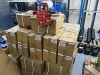 Pallet Containing 40 Boxes of New/Unused Sliding Sleeves & Barbell Rod Ring Pully's in Red.