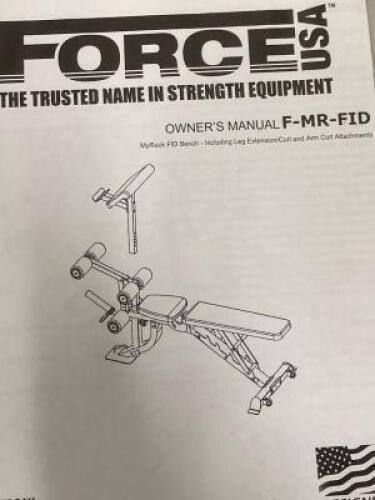 Force USA F-MR-FID My Rack FID Bench, Including Leg Extension Curl & Arm Curl Attachments. Boxed, Requires Assembly, All Components Believed to be Present (As Viewed).