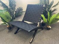 Set of 3 Carl Hansen & Son Cuba Designer Lounge Folding Chairs, Model MG501 in Black Cotton Webbing, Made in Denmark.Comes with Round Black Satin Wooden Coffee Table. Size H114 x W175 x D75cm.Original RRP £2220.00.