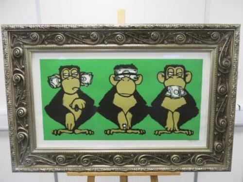 Mau Mau 'Three Monkeys' (Green Hear/See/Speak No Evil) Limited Edition 3/10 A.P Signed Print. Framed & Glazed. Size Inc Frame H66 x W103cm.