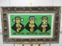 Mau Mau 'Three Monkeys' (Green Hear/See/Speak No Evil) Limited Edition 3/10 A.P Signed Print. Framed & Glazed. Size Inc Frame H66 x W103cm.