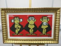 Mau Mau 'Three Monkeys' (Red Hear/See/Speak No Evil) Limited Edition 17/150 Signed Print. Framed & Glazed. Size Inc Frame H59 x W93cm.