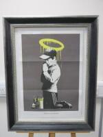 Banksy 'Forgive Us Our Trespassing' Offset Lithograph, Two Sided, Framed, Glazed & Mounted. Size Inc Frame H79 x W62cm.