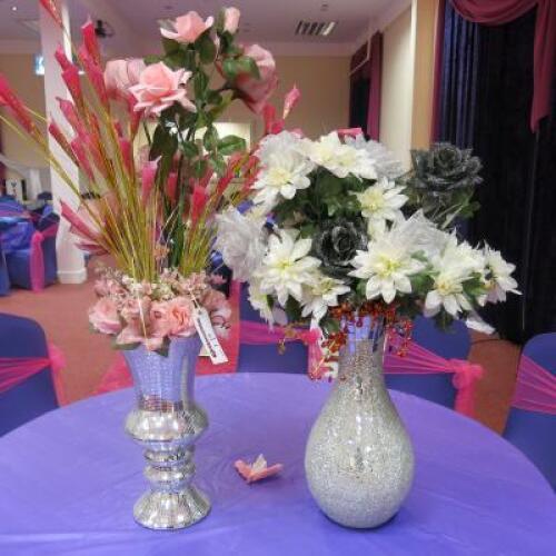 2 x Cracked Mirror Finish Large Vases with Immitation Flower Display & 1 x Black Glass Vase