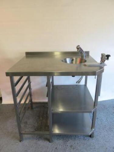 Stainless Steel Prep Table with Single Bowl Hand Basin & Decabie Single Lever Tap, 2 x Shelf Under & Vogue Can Opener, Size H90 x W95 x D80cm.