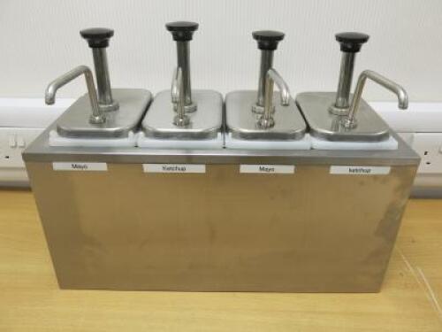 Server Stainless Steel 4 Pump Sauce Station, model SR-4. NOTE: cap need re-attaching.