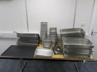 77 x Assorted Sized Stainless Steel Gastronorm Pans (61) & Lids (16) to Inlcude:27 x 1/1 & 13 Lids, 10 x 1/3 & 3 Lids, 17 x 1/6 , 7 x 1/9 & 6 x Assorted Sized Trays.