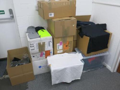 15 x Boxes of Stock to Include: T Shirts White x 120 Mixed x 15, Black x 65, Grey x 17, Navy x 7, Other x 10. Sports Tech T's Sapphire x 7, Red x 7, Orange x 5, Black x 14, White x 5, White Next Level T Shirts x 27, Black Next Level T Shirts x 4. Beanie H