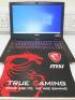 MSI 15.5" Steel Series Notebook PC, Model MS-16J9, Running Windows 10 Home, Intel Core i7-7700HQ CPU @2.80Ghz, 8.00GB RAM, 118GB HDD, Intel HD Graphics 630. Comes with Power Supply & Neoprene Case.