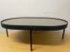 Designer Style Small Black Metal Cofee Table with Wood & Glass Top. Size H25 x W75 x D50cm.