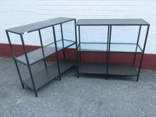 Pair of Metal Framed Bookcases with Walnut Effect & Glass Shelves. Size H95 x W36 x D100cm.