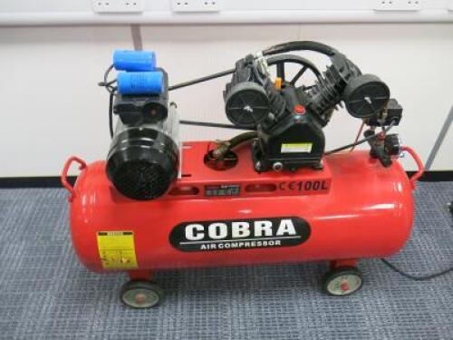 Cobra Belt Air Compressor, Model V-0 25/8, 100Lt Tank, DOM 11/2018. NOTE: missing Safety guard.