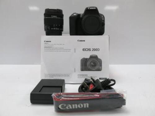 Boxed Canon EOS 200D Kit. Comes with Digital Camera EOS 200D, S/N 203072007598, Canon efs 18-55mm Image Stabilizer Lens, S/N 7222007216, Strap, Battery Charger, Battery, Lead & Quick Ref Guide.