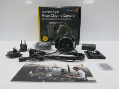 Boxed Blackmagic Micro Cinema Camera, S/N 3236822. Comes with Davinci Resolve Software, Hahnel Li-ion Battery Pack HL-E6 & Manfrotto Quick Release Tripod Plate & Assorted Leads (As Viewed/Pictured).