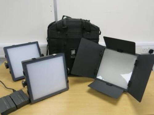 3 x Assorted LED Panel Lights in Petrol Case to Include: 1 x Litepanels D-Flood Light with Barn Doors, Model 1X1, S/N 3962 (missing power supply) & 2 x Felloni LED Video Light, Model TP-LONI-Bl15HO with 2 x Felloni V-Mount AC Adapters.