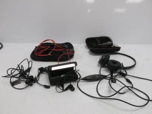 5 x Telephony Headset & In Ear Equipment to Include: 1 x Plantronics Blackwire C435 in Carry Case, 1 x Plantronics Mono Head Set C3200 in Soft Bag, 1 x Wantek Head Set, 1 x Tutle Beach Battle Buds & 1 x Sennheiser Ear Canal Headset CX880I in Carry Case.