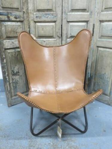 Ian Snow Tan Brown Leather Butterfly Chair.