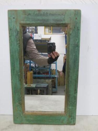 Reclaimed Wooden Mirror Distressed in Green, Size H53 x W31cm.