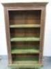 Very Heavy Indian Style Wooden 3 Shelf Bookcase with Carved Detail, Distressed Look in Green. Size H181 x W115 x D50cm.