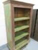 Very Heavy Indian Style Wooden 3 Shelf Bookcase with Carved Detail, Distressed Look in Green. Size H181 x W115 x D50cm. - 2