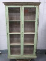 Vintage Style Wooden Green Glazed 2 Door Cupboard with 3 Shelves in Distressed Look. Size H183 x W117 x D44cm.