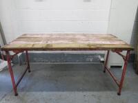 Vintage 2 x Height Adjustable Folding Table with Wooden Plank Top & Red Metal Frame. Can be used as either Dining or Coffee Table. Size H74 or 47 x W154 x D77cm.