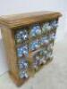 New/Boxed Namaste Spice Chest in Mango Wood with 16 Blue & Green Ceramic Drawers. Size H35 x W33 x D11cm. - 2