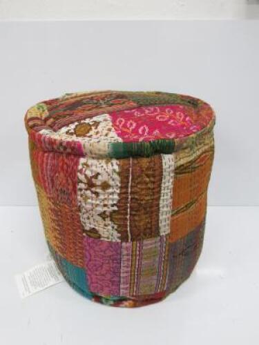 Multi Coloured Recycled Silk Sari Patchwork Filled Pouffe. Size H40 x D38cm.