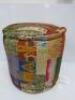 Multi Coloured Recycled Silk Sari Patchwork Filled Pouffe. Size H40 x D38cm. - 3