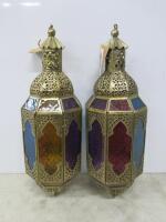 Pair of New Namaste Gold Finish Glass Panelled Hanging Lantern, Size H50 x W17 x D17cm.