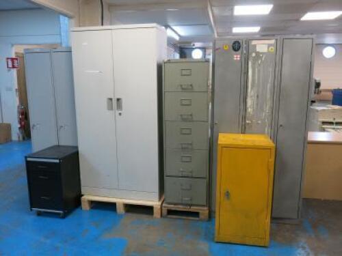 9 x Metal Storage, Filing & Personnel Lockers to Include: Hazardous Material Cupboards, 5 x Personnel Lockers, 2 Door Cupboard, 4 Draw Filing Cabinet & 3 Draw Pedestal.