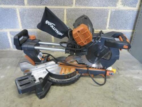 Evolution R255 Double Bevel Sliding Mitre Saw 255mm TCT, S/N A2011UK00014, DOM 01/2020, 110v.