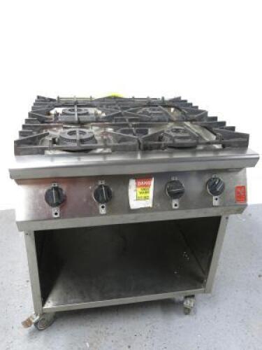 Falcon Gas 4 Ring Burner on Stainless Steel Open Cabinet with Castors, Size H90 x W80 x D90cm.