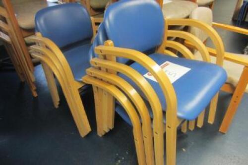 7 x Light Wood Framed Stacking Dining Chairs with Blue PVC Seat & Back