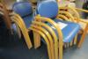 7 x Light Wood Framed Stacking Dining Chairs with Blue PVC Seat & Back