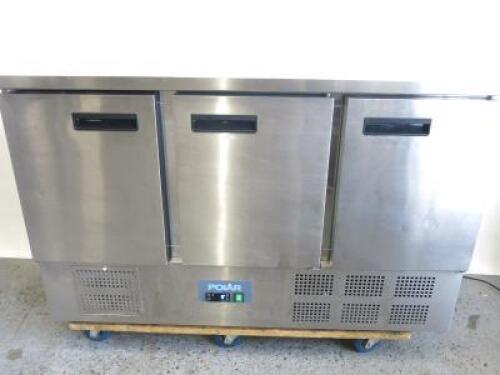 Polar Stainless Steel 3 Door Refrigerated Prep Counter, Model G622, S/N 21229935, Size H87 x W137 x D70cm.