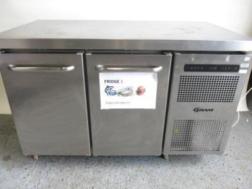 Gram Stainless Steel Gastro 2 Door Refrigerated Counter On Castors, Model K1407 CSG A DL/DR C, S/N 10213184. Size H85 x W129 x D70cm.