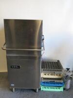 DC Hood Pass Through Dishwasher, Model SD900CP D, S/N 021020393. Comes with 5 x Baskets & 1 x DVA Water Filter. Size H150 x W65 x D90cm.