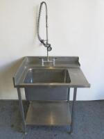 Stainless Steel Single Bowl Sink with Splash Back, Pre Rinse Spray, Lever Tap & Shelf Under. Size H90 x W90 x D75cm.