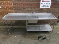 Stainless Steel Single Bowl Sink with Splash Back, Lever Tap & Shelf Under. Size H90 x W254 x D70cm.