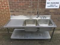 Stainless Steel Double Bowl Sink with Splash Back, Pre Rinse Spray, Lever Tap & Shelf Under. Size H85 x W180 x D70cm.