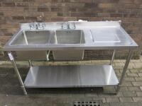 Stainless Steel Double Bowl Sink with Splash Back, Lever Tap & Shelf Under. Size H90 x W150 x D60cm.