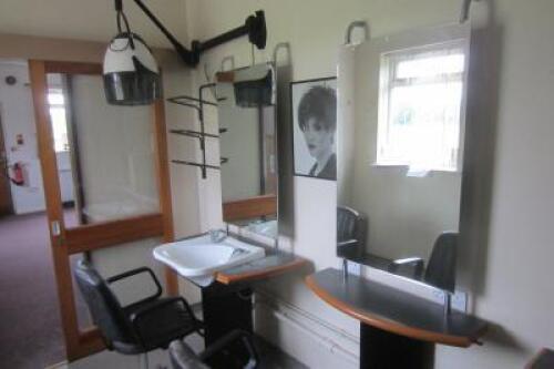 Contents of Small Hairdressers Salon to Include: Backwash Chair, Basin & Wall Mirror. 2 x Stylist Positions with Chairs, Mirrors and 1 with Additional Sink. 2 x Wall Mounted Over Head Hairdryers (As Viewed)