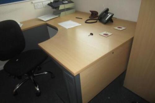 Contents of Side Office to Include: Beech Finish Corner Desk, 2 Door Cupboard, 3 Drawer Pedestal, 3 x Matching Grey Filing Cabinets, 2 Drawer Unit & 3 x Wood Framed Blue Hopsack Side Chairs (As Viewed)