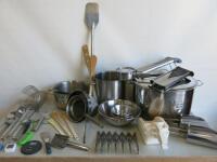 Quantity of Kitchen Accessories to Include: Stew Pots/Pans, Sieves, Graters, Scoops, Pizza Cutter, Thermometers, Whisks, Mixing Spoons etc (As Viewed/Pictured).