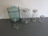 4 x Assorted Containers to Include: 1 x Yorkshire Glassware Drinks Dispenser, 1 x Plastic Drinks Dispenser on Wire Frame & 2 x Assorted Sized Ikea Jars with Lids.