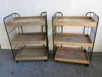 Pair of Metal Frame Trolleys with 3 Wooden Shelves. H87 x W61 x D37cm:NOTE: 1 x Wheel requires attention